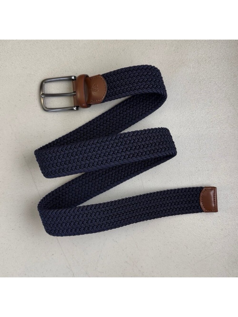 Penguin Belt NEW Size Small 30-32 Navy Blue Stretch Nylon Brown Genuine Leather